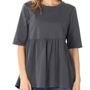 HALF SLEEVE EMPIRE WAIST SHIRRING TOP ASH GREY